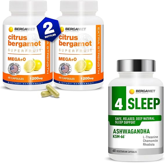BergaMet Supplement Bundle Citrus Bergamot Extract 170:1 with Polyphenols plus 4 Sleep Formula with Ashwagandha, Rhodiola, Chamomile and L-Theanine | Daily Nutrition and Nighttime Wellness Pack | 12