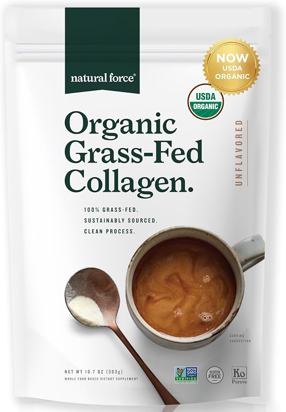 Natural Force Organic Clean Collagen Peptides Powder - USDA Certified Organic & Non-GMO, Keto & Paleo Certified - Hydrolyzed Type I & III Protein Powder with Essential Amino Acids Unflavored, 10.7oz