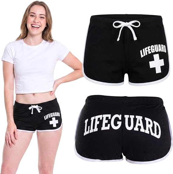 LIFEGUARD Officially Licensed Juniors Girls Size Hi-Cut Short White Piping Soft Cotton Gym Exercise