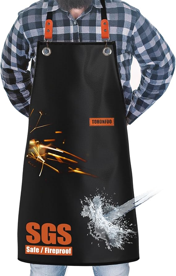 TOHONFOO Welding Apron Fireproof, 24 x 36 Double Side Silicone Coated Fiberglass Blacksmith Aprons, Fireproof Grilling Aprons for Men, Waterproof BBQ Apron, Easy to Clean, Black