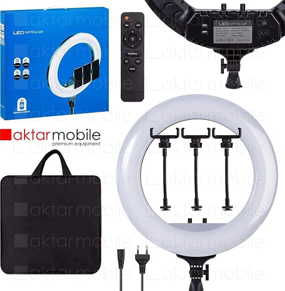 LED Ring Light 18 inç 45 cm Profesyonel Stüdyo Işığı, 480 LED, Taşıma Çantası, 3 Telefon Tutucu, Kumanda, Siyah