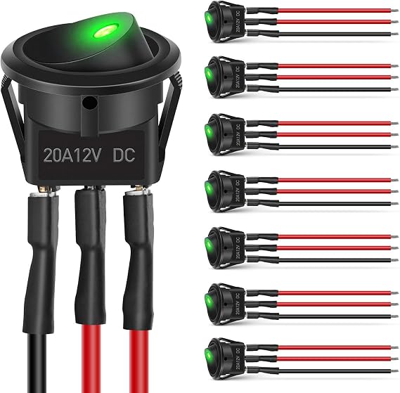 Nilight 8PCS Round Rocker Switches 12V 24V 20A Green with 16AWG Wires