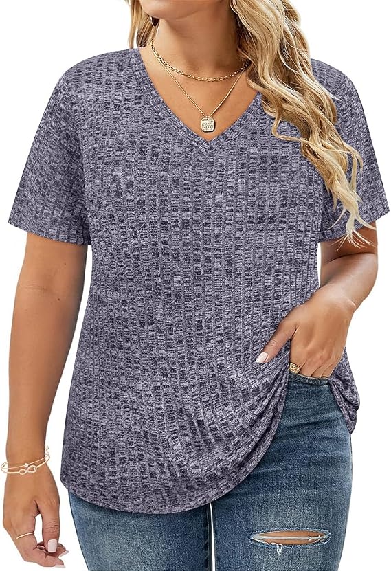 RITERA Plus Size Tops for Women Short Sleeve V Neck Solid Loose Ribbed T Shirts Causual Tunics Summer Tie Dye Blouse XL-5XL