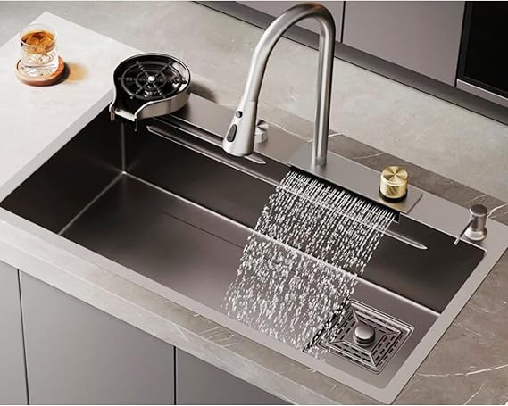 Kitchen Sink 304 Stainless Steel Nano Raindance Waterfall Sink Home Sink Vegetable Basin Single Sink with Pull-Out Faucet, Pressurized Cup Washer (Size : 60x45cm)