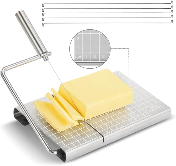 Cheese Slicer with Wire for Block Cheese - Adjustable Cheese Cutter Board with 5 Replacement Wires - Stainless Steel Precise Scale for Clear Cuts