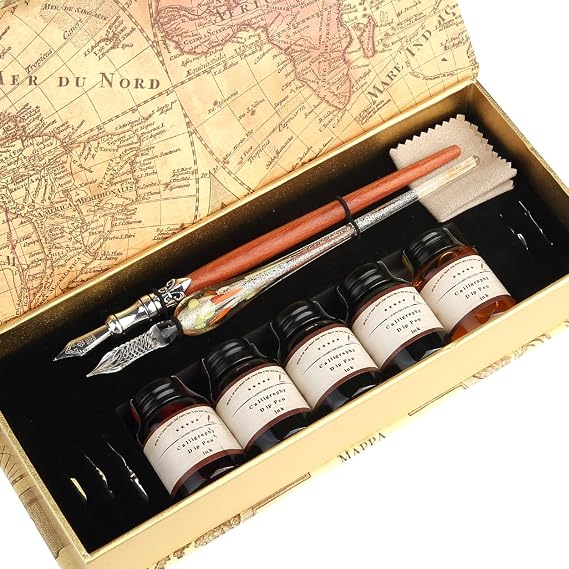 MU-02 Calligraphy Pen Set, Glass Dip Pen and Handcrafted Wooden Dip Pen Gift Set with 5 Colors Calligraphy Ink 6 Nibs, Calligraphy Set for Beginners