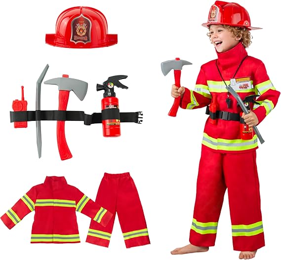 Seawhisper Firefighter Costume for Kids Toddler Fireman Set 10-Piece Halloween Career Day Birthday Pretend Play 2T-6