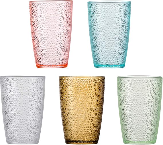 Stackable Hammered Plastic Tumbler Acrylic Glasses, Set of 5, Unbreakable Premium Drinking Cups, Perfect for Her (5 colors, 12oz)