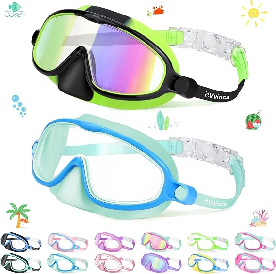 Vvinca 2 Pcs Kids Swim Goggles with Nose Cover, Swimming Diving Mask Wide View Anti Fog UV Anti Shattered Lens for Kids 3-5