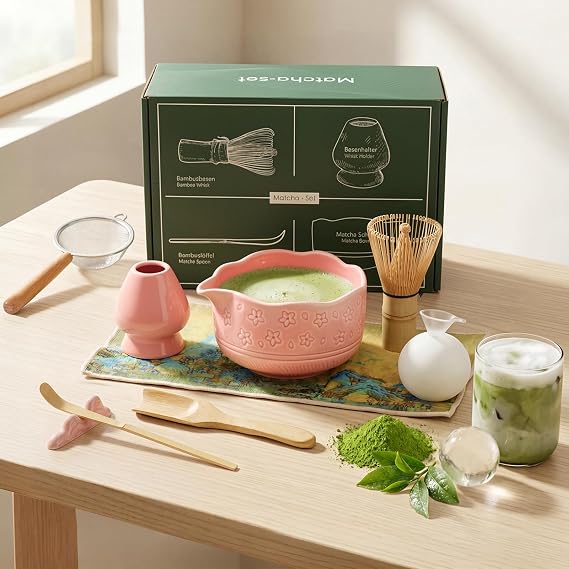 Matcha Set 9-Piece Macha Tea Set - Cherry Blossom Matcha Bowl Chasen Chashaku Ceramic Broom Holder Powder Strainer Tea Towel Japanese Matcha Tea Set Matcha Starter Set Ice Matcha Latte Pink