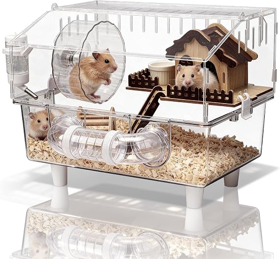 Gugxiom Large Acrylic Hamster Cage, 2-Layer Full Transparent Guinea Pig Cage, with Hamster Wheel, Tunnel and Platform All Accessories (Liquid Core)