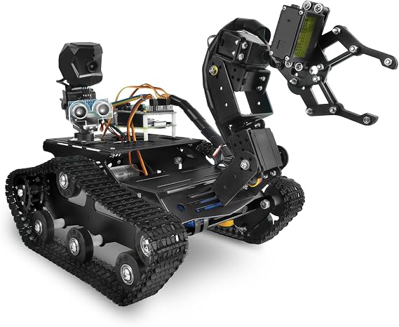 Robot Car Kit with Raspberry Pi 4B/5, 4DOF Robotic Arm, Aluminum Alloy Tracked Chassis Kit, Smart Robot Car with Robotic Arm, APP/PC WiFi/Bluetooth Control (Black, with Raspberry Pi 4B 4GB)