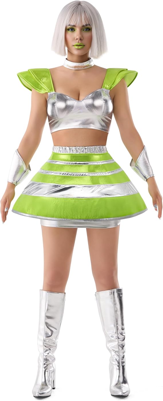 Spooktacular Creations Halloween 5 Pcs Space Cadet Costume Women, Alien Dress with Robot and Top Skirt for Cosplay Party