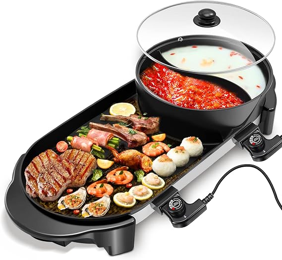 Hot Pot with Grill, 2 in 1 Multi-function Nonstick Hotpot Pot Electric Grill Indoor Shabu Shabu Pot Korean BBQ Grill Smokeless, Separate Dual Temperature Control, Capacity for 2-12 People, 110V