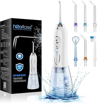 Water Dental Flosser Cordless for Teeth - H2ofloss Portable Oral Irrigator, Rechargeable Water Teeth Cleaner for Home Travel, IPX7 Waterproof, 5 Modes and 6 Jet Tips for Braces & Bridges Care