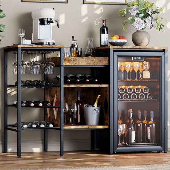 Mini Fridge Cabinet Stand w/Storage, Coffee Bar Cabinet w/Mini Fridge Space | 53.5" W Bar Stand w/Wine Rack & Glass Holder, Microwave Stand Bakers Rack w/Reversible Frame for Kitchen Dorm