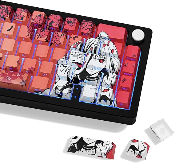 PBT Material Red Key Caps Japanese Anime Sublimated Key Caps 131 Keys Cherry Profile Shine Through Side Engraved Custom Keycaps Set Mechanical Keyboard 61/64/75/84/87/104/108 Layout