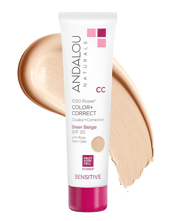 Andalou Naturals 1000 Roses CC Color + Correct with SPF 30, Sheer Beige, 2-in-1 Face Sunscreen + CC Cream for Sensitive Skin, Helps Correct Uneven Skin Tone, Reef Safe Sunscreen, 2 Fl Oz | Tinted Mineral Sunscreen for Sheer Coverage and Even Skin Tone, Non-Nano Zinc Oxide and Rose Stem Cells for Sensitive Skin