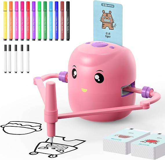 Interactive Educational Drawing Robot for Kids - Montessori Learning Toy with 150 Word Cards, Voice Interaction, Ages 5+ (Pink)