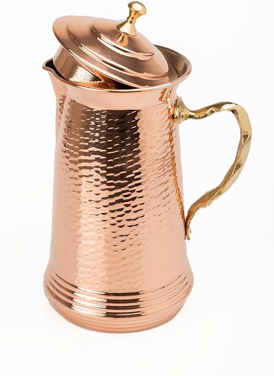 Home Gaziantep El Dövmeli Kalay Kaplı Bakır Sürahi, 1.8 Litre Kapasite, 27 cm Yükseklik, 13 cm Çap, 0.5mm Kalınlık, Hammered Finish
