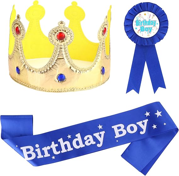 Aster Birthday Boy Costume Headwear, Crown, Sash and Button Pin - Dress-Up Set for Boys Birthday Party Decoration