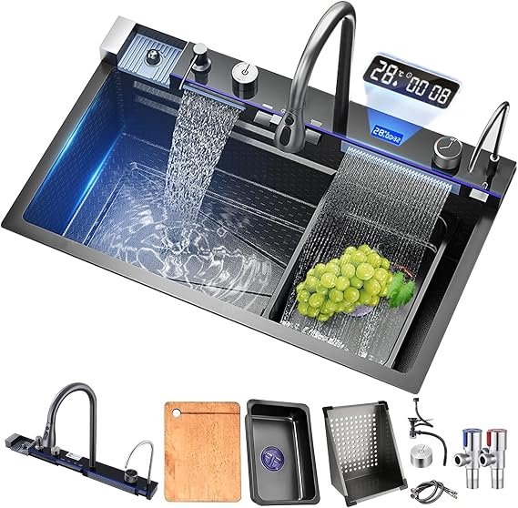Black Nano Kitchen Sink 304 Stainless Steel Waterfall Sink Single Bowl Workstation Kitchen Sink with Multifunctional Digital Display Fly Rain Pull-Out Faucet,Black-68x45x22CM