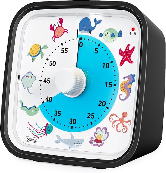Visual Timer with Case, Sea Animal Dial Countdown Timer with Optional Alarm, Silent Time Management Tool (Black Ocean Animals)