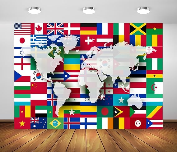 BELECO 9X6ft Fabric World Flags Backdrop World Map International Flag Country Flags Background for Themed Party Decorations Home Decor Photo Booth Studio Props