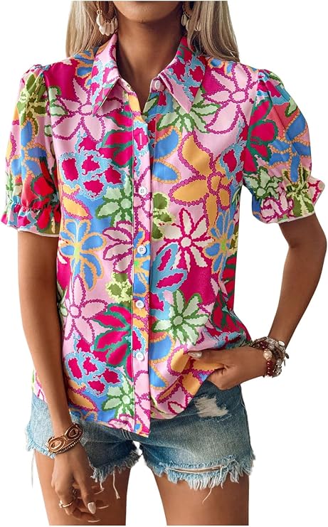 SweatyRocks Women's Floral Print Button Down Blouse Puff Sleeve Boho Tops | Collar, Short Sleeve, Colorful Blouse, Summer Vacation Outfits, Luau Outfits, Printed Button Up Tops