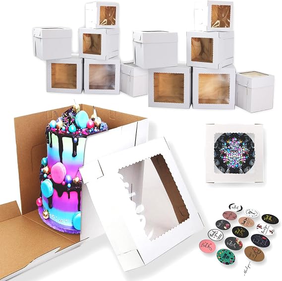 12 Pcs Tall Cake Boxes with Window in 6 Sizes + 15 Thank You Stickers 12x12 10x10 8x8, Bakery Boxes disposable carrier take out container, In 12 10 8 inch 2 3 tier wedding birthday