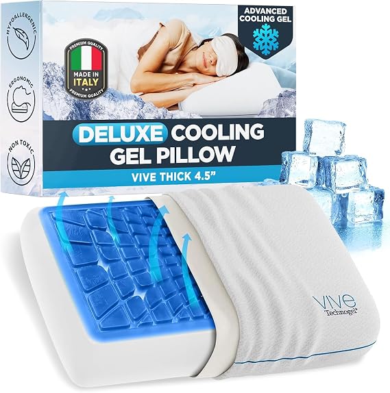 Vive Deluxe Cooling Gel Foam Pillow - Cool Gel Memory Layer with Ergonomic Design, Ideal for Cold Sleepers & Side Sleep, Washable Cover, Hypoallergenic Bedding, Italy Made, 4.5 Thick Soft Comfort