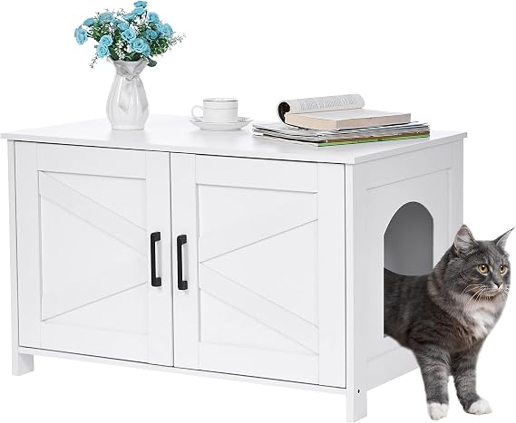 Homhedy 31.5" L Cat Litter Box Enclosure with Barn Door, White