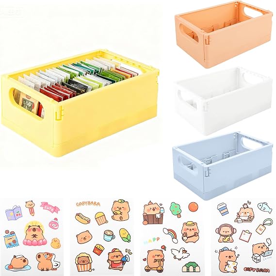 TBWHL 4 Pack Foldable Tea Bag Organizer Bins, Pantry Storage with Stickers | Multi-purpose pantry storage bins, compact size fits desktops perfect for tea bags, coffee packets and small office supplies