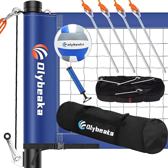 Portable Volleyball Net Set System Outdoor for Backyard Beach - Heavy Duty 2" Adjustable Height Aluminum Poles, PU Volleyball, 2 Boundary Line, Upgraded Anti-sag Design