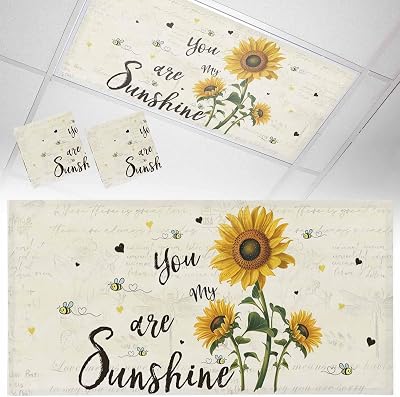 2 Pack Fluorescent Light Cover for Classroom Ceiling, Bee Sunflower Magnetic Light Cover Filters, Retro Text You are My Sunshine Lights Covers for Office School Home Drop Lamp Ceiling Decor 4x2 ft