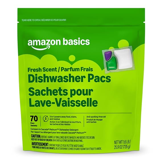 Amazon Basics Triple Action Dishwasher Pacs, Anti-spotting, Fresh Scent, 70 Count (Previously Presto!)
