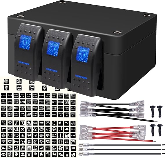 weideer 3 Gang Rocker Switch Box Blue LED 12V 24V DC Rocker Switch Panel with Night Glow Stickers for Car Trucks Boats RVs