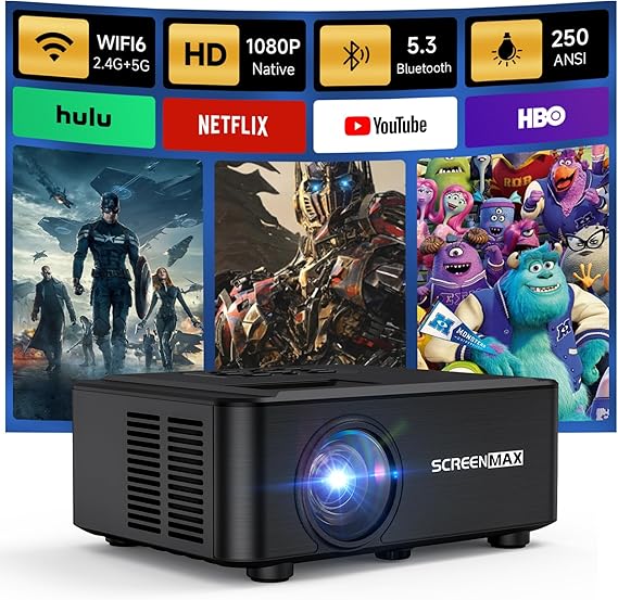 Projector with WIFI and Bluetooth, Native 1080P Bluetooth Projector, Full HD Portable Outdoor Movie Projector with Built-in Speaker, Compatible with Smartphone, HDMI, USB, Fire Stick for Home Cinema