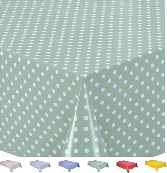 Home Direct Large Rectangular Oilcloth PVC Wipe Clean Tablecloth 140cm x 240cm 55x94 Small Polka Dot Sage Green
