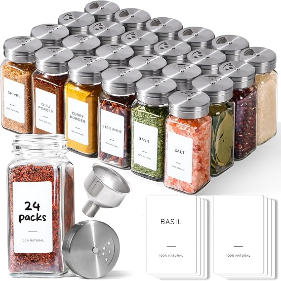 ComSaf 120ml Small Glass Spice Jars with Shaker Lids & Labels, 24 Pack | Seasoning Jars for Herbs & Kitchen Storage, Mini Glass Containers with Adjustable Stainless Steel Shaker Lids & Funnel