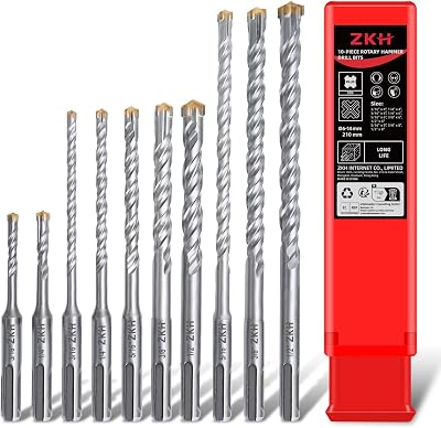 ZKH 10 Pcs SDS Plus Bits Set, 316,14,516,38,12, Carbide TippedYG8, Rotary Hammer Drill bits for Concrete, Cement, Stone, Brick, Ceramic Pots & More