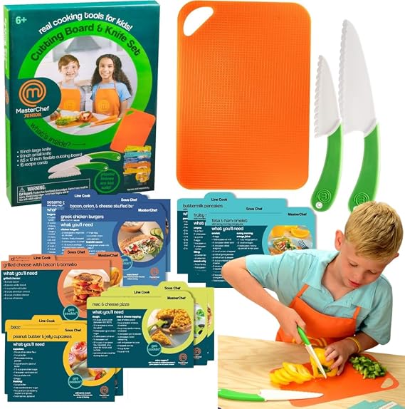Kids Knife & Cutting Board Set, Real Tools & Recipes | Silicone Non Slip Grip for Easy Use & Food Safe for Children, 15 Cooking Baking Recipes, Unique Party Activity Supplies Gift
