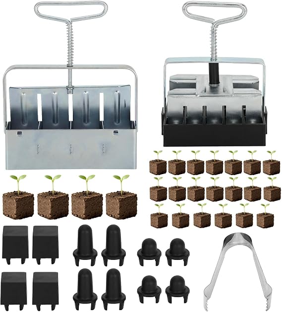 Soil Block Maker 6-Piece Set, Includes 2-Inch 4-Cell And 3/4-Inch 20-Cell Soil Block Makers, 3 Types Of Seed Pins, Growth Tweezers, Handheld Tools For Seed Starting In Greenhouse, Garden, And Farm Use