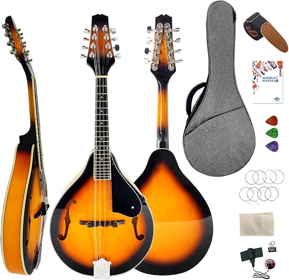 Mandolin Musical Instruments A Style,8-String Acoustic Basswood Mandolin Instrument Kit for Beginners with Case,Strap,Pickup,Spare Strings,Polishing Cloth,Plectrum