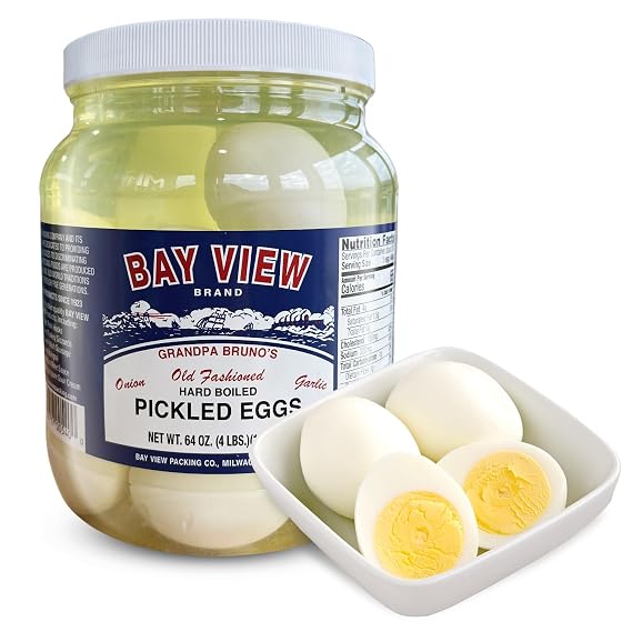 Bay View Pickled Eggs, Gluten Free, 6g of Protein, Garlic and Onion, 64oz | No Artificial Ingredients, Gluten Free, 0g Sugar, 6g Protein, Fresh Grade A Eggs