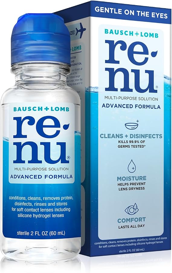 Renu Contact Lens Solution, Advanced Formula, Multi-Purpose Solution with Lens Case, Travel Kit, Gently Cleans, Disinfects, Moisturizes & Hydrates Soft Lenses for All-Day Comfort, 2 FL Oz | Travel Size, Cleans & Disinfects, Moisture Up to 20 Hours