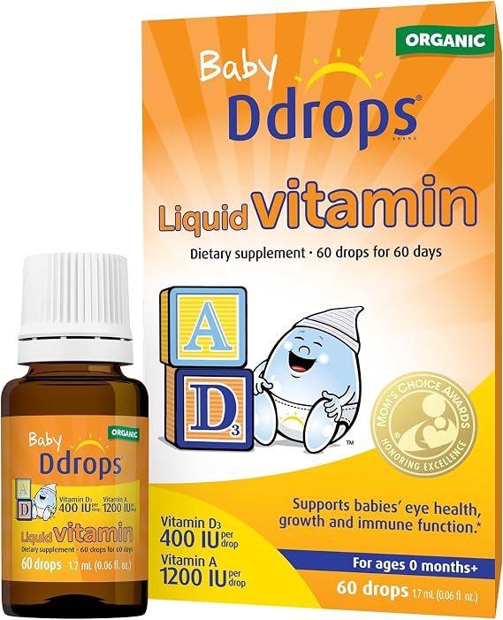 Ddrops Baby Organic Liquid Vitamins A&D Drops for Infants, 60 Drops. Supports Babies Eye Health, Bone Development and Immune Function. Certified Organic, Non-GMOs, Allergy-Friendly