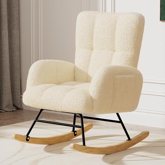 LUCKLIFE Rocking Chair Nursery,Teddy Upholstered Glider with Side Pockets