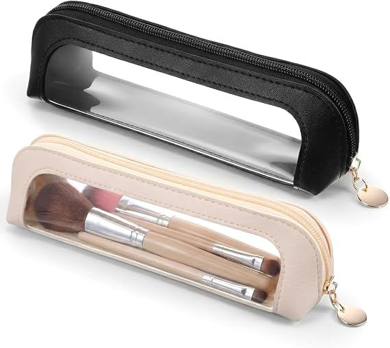 2Pcs Small Clear Makeup Brush Bag, Portable Travel Makeup Brush Holder with Zipper, PU Leather Mini Makeup Bag, Waterproof Cosmetics Purse Organizer for Women (Black, Apricot)