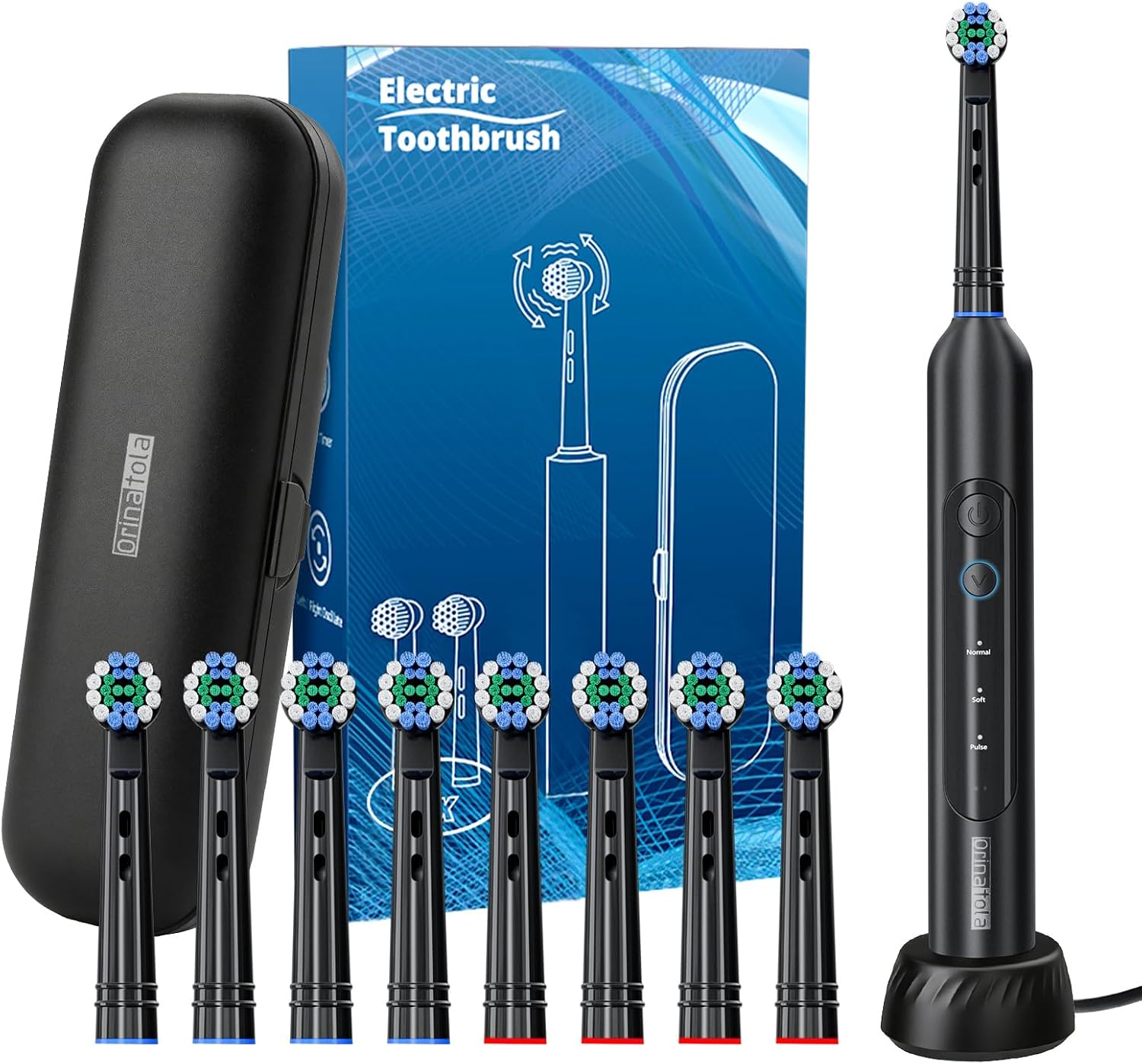 Electric Toothbrush with 8 Brush Heads (3 Modes) Electric Toothbrush 8800VPM Travel Case Timer Black